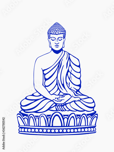 Buddha meditating sitting in Siddhasana hand drawn vector line illustration on white