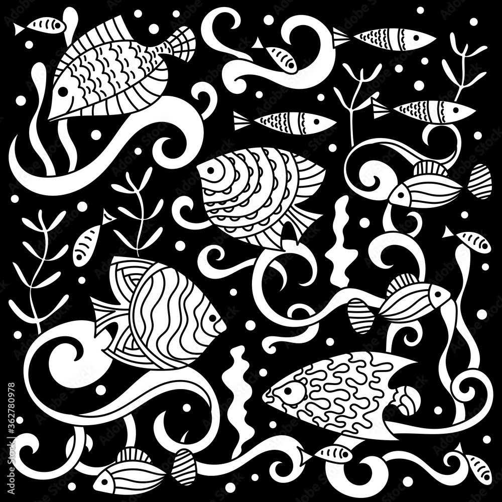 Sea life hand drawn doodle pattern . Underwater world, waves, shells, fish and algae. For fabric, Wallpaper and other surfaces Sea life hand drawn doodle pattern . Underwater world, waves, shells, fish and algae. For fabric, Wallpaper and other surfaces