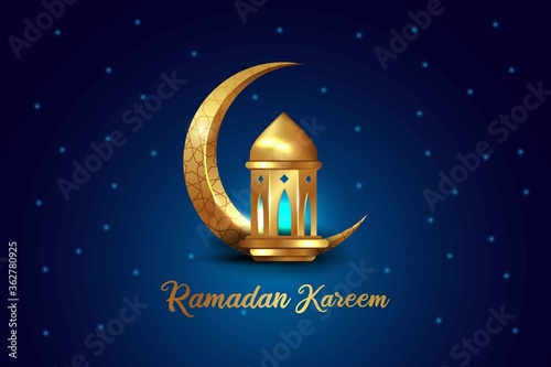 Ramadan Kareem islamic design crescent moon and lantern with arabic pattern and calligraphy