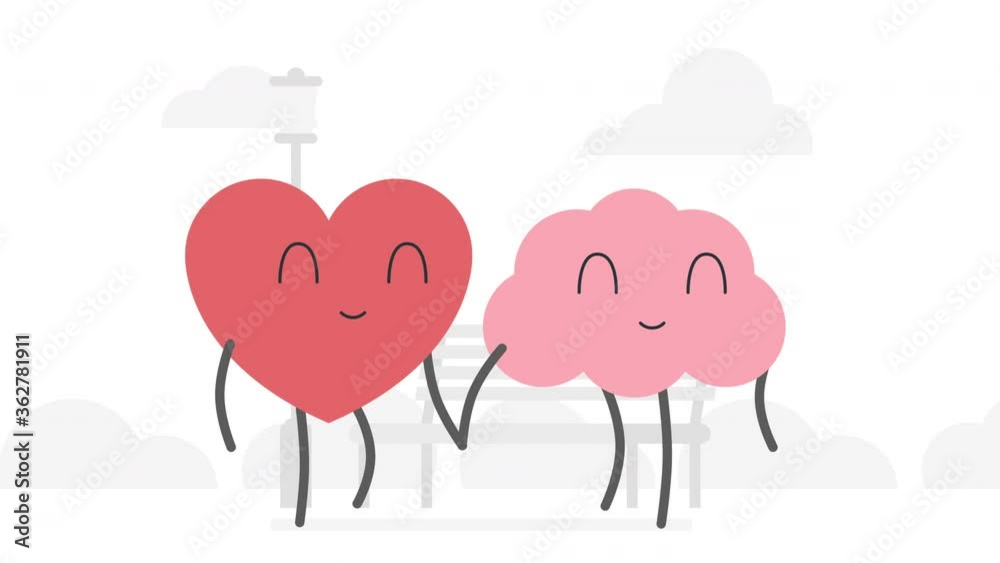 The connection between reason and feeling concept. Flat style cartoon animation of heart and brain walking together in the park The connection between reason and feeling concept. Flat style cartoon animation of heart and brain walking together in the park