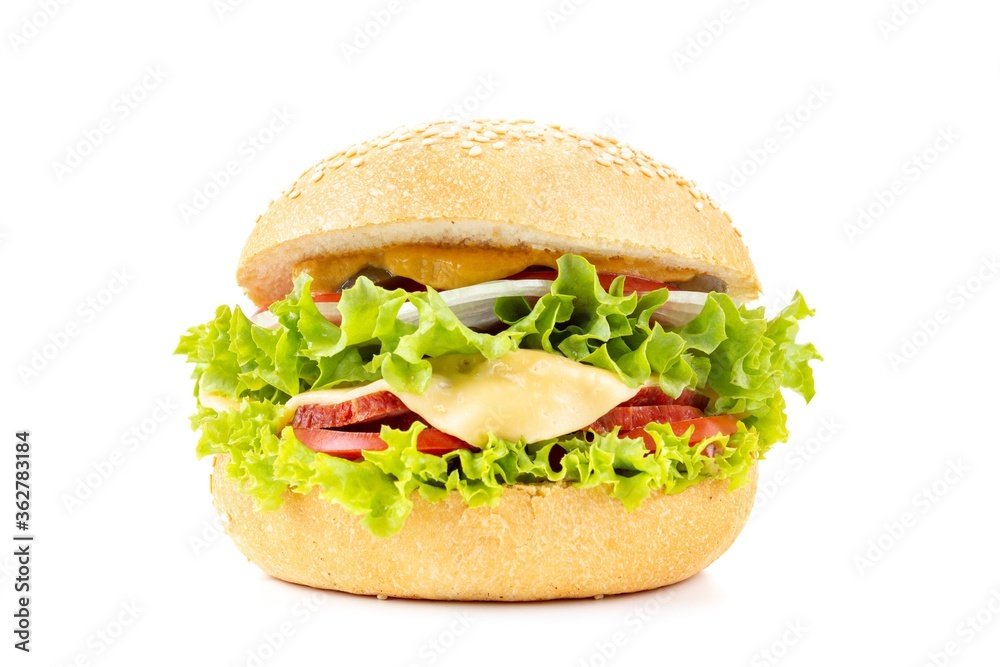 Burger on white background, hamburger with beef and cheese, bun. Burger on white background, hamburger with beef and cheese, bun.