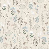Floral seamless pattern with abstract flowers, branches, leaves, pine cones and plants, botanical vector illustration in vintage style.