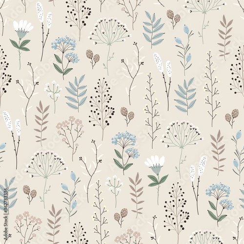 Billede på lærred Floral seamless pattern with abstract flowers, branches, leaves, pine cones and plants, botanical vector illustration in vintage style