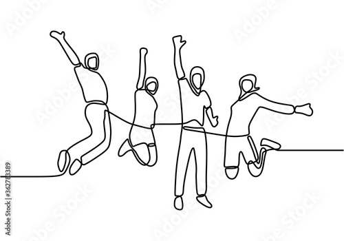 continuous line drawing of happy group of students jumping after graduation with minimalist design isolated in white background