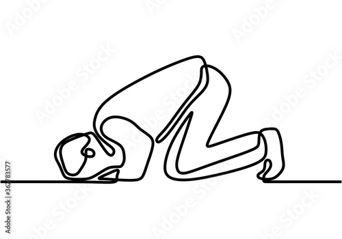Continuous line drawing of islamic muslim man praying on sujud bow down gesture. Ramadan kareem and ied mubarak greeting card concept with minimalist design isolated in white background