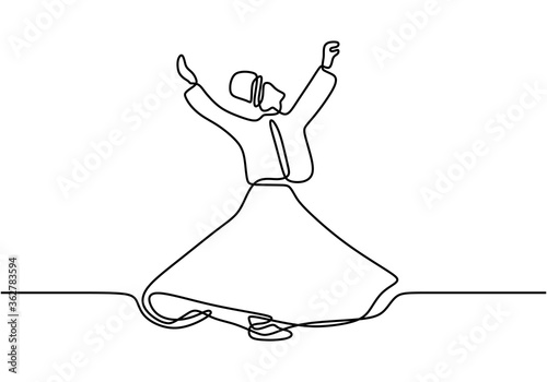 One hand drawn Islamic traditional whirling dervish. Continuous line drawing Sufi dancing with minimalist design isolated in white background