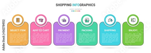 Concept of shopping process with 6 successive steps. Six colorful graphic elements. Timeline design for brochure, presentation, web site. Infographic design layout.