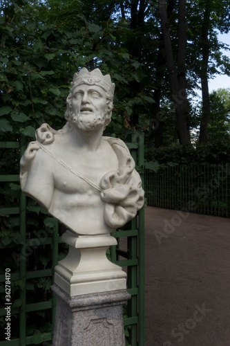 Saint-Petersburg, Russia - July 28, 2019: Marble Sculpture of the bust of King Midas by Orazio Marinali, Italy, 1717. Summer Garden, St. Petersburg, Russia.