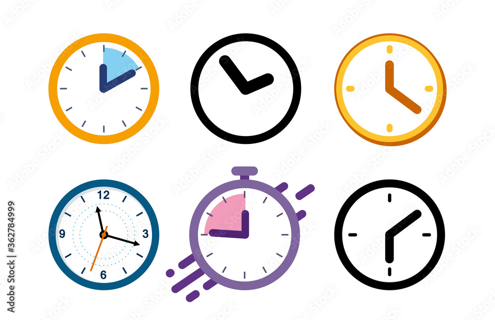 Big set of different color clock icons. Alarm clock, stopwatch. concept quickly approaching deadline. vector illustration. Big set of different color clock icons. Alarm clock, stopwatch. concept quickly approaching deadline. vector illustration.