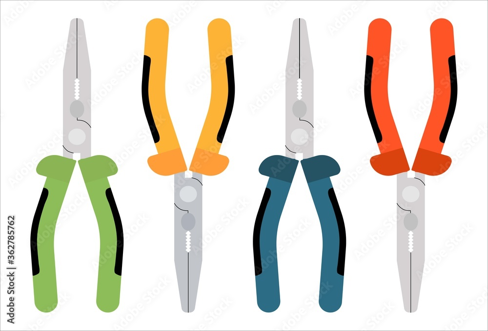 Set of Colored Pliers tool icon. Yellow, red, green, blue colored handles, thin metallic sponge pliers. Flat illustration vector icon for web design. Set of Colored Pliers tool icon. Yellow, red, green, blue colored handles, thin metallic sponge pliers. Flat illustration vector icon for web design.