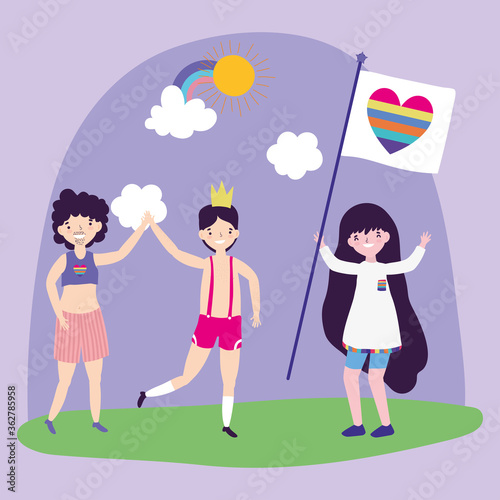 pride parade lgbt community, men and woman with flag heart rainbow