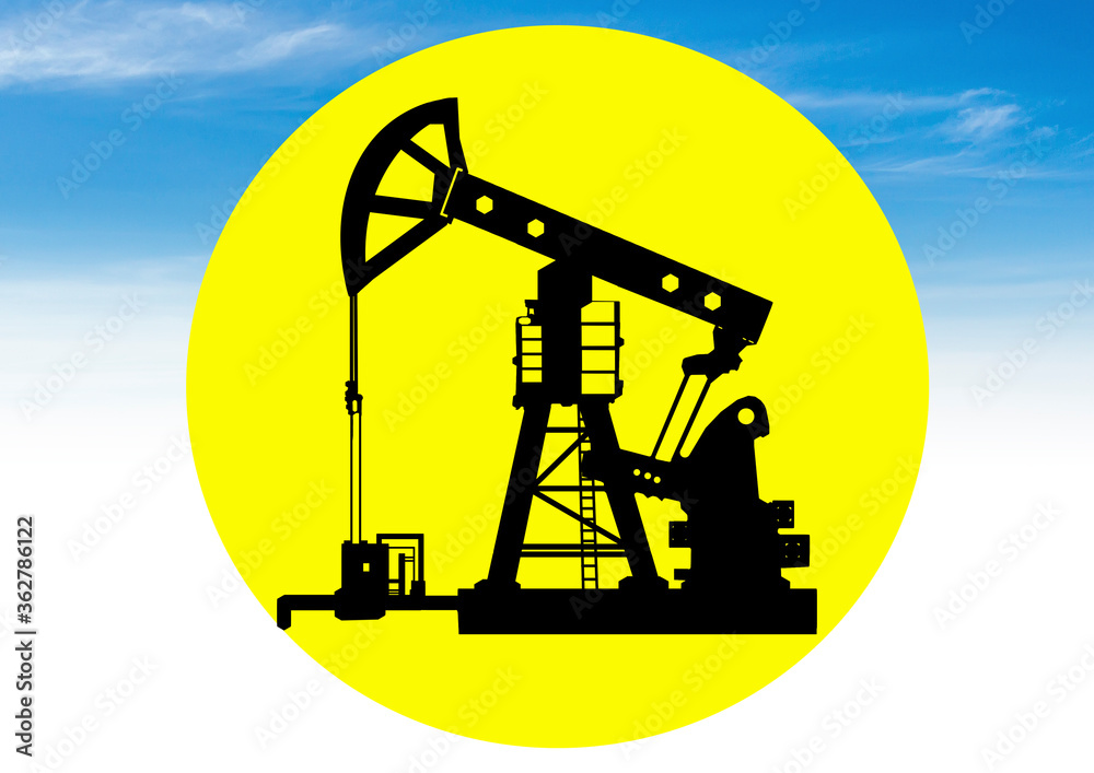 Petroleum. Logo of the oil company. Yellow sign with a pump unit. Pump for oil production on the background of the sky. Concept - training for the oilman. Concept - hydrocarbon exchange. DBO Index Petroleum. Logo of the oil company. Yellow sign with a pump unit. Pump for oil production on the background of the sky. Concept - training for the oilman. Concept - hydrocarbon exchange. DBO Index