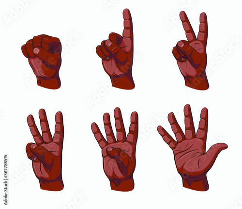 Black men's hand palm counting in gesture with fingers one, two, three, four, five, hand drawn vector illustration in dark skin color and shadow cartoon style
