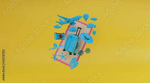 Traveling suitcase with smartphone and travel accessories on yellow background. travel concept. 3d rendering. 