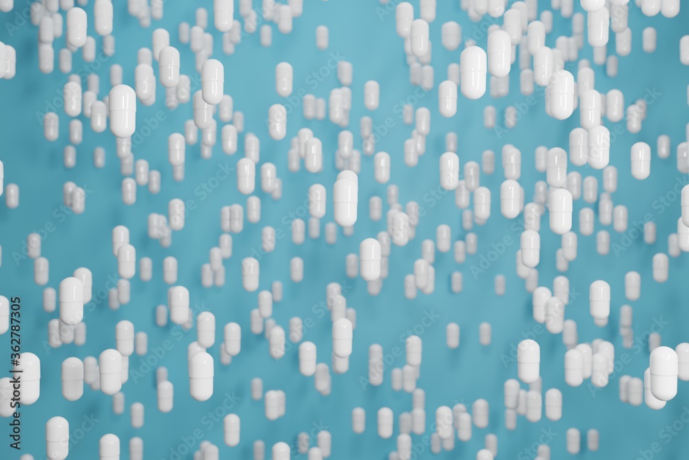 falling pills on a blue background 3d render