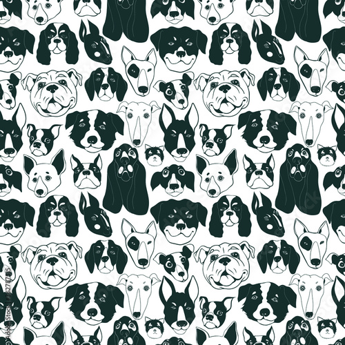 dogs of different breeds. the face of dogs. seamless vector pattern on white background