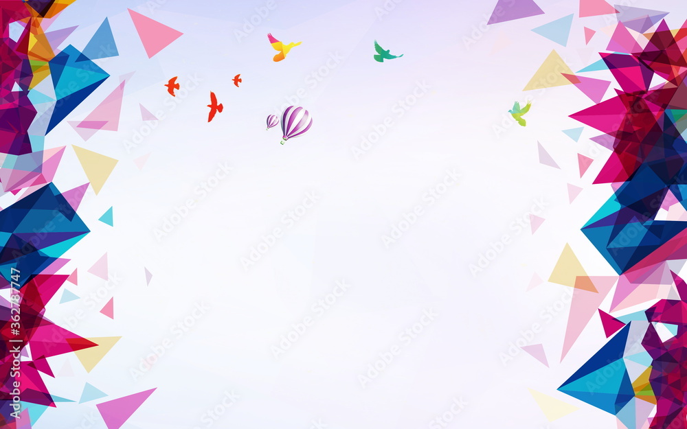 Multicolors triangle shape, flying birds & air balloons with white background. Illustration. Copy space for text. Greeting card frame design. Multicolors triangle shape, flying birds & air balloons with white background. Illustration. Copy space for text. Greeting card frame design.