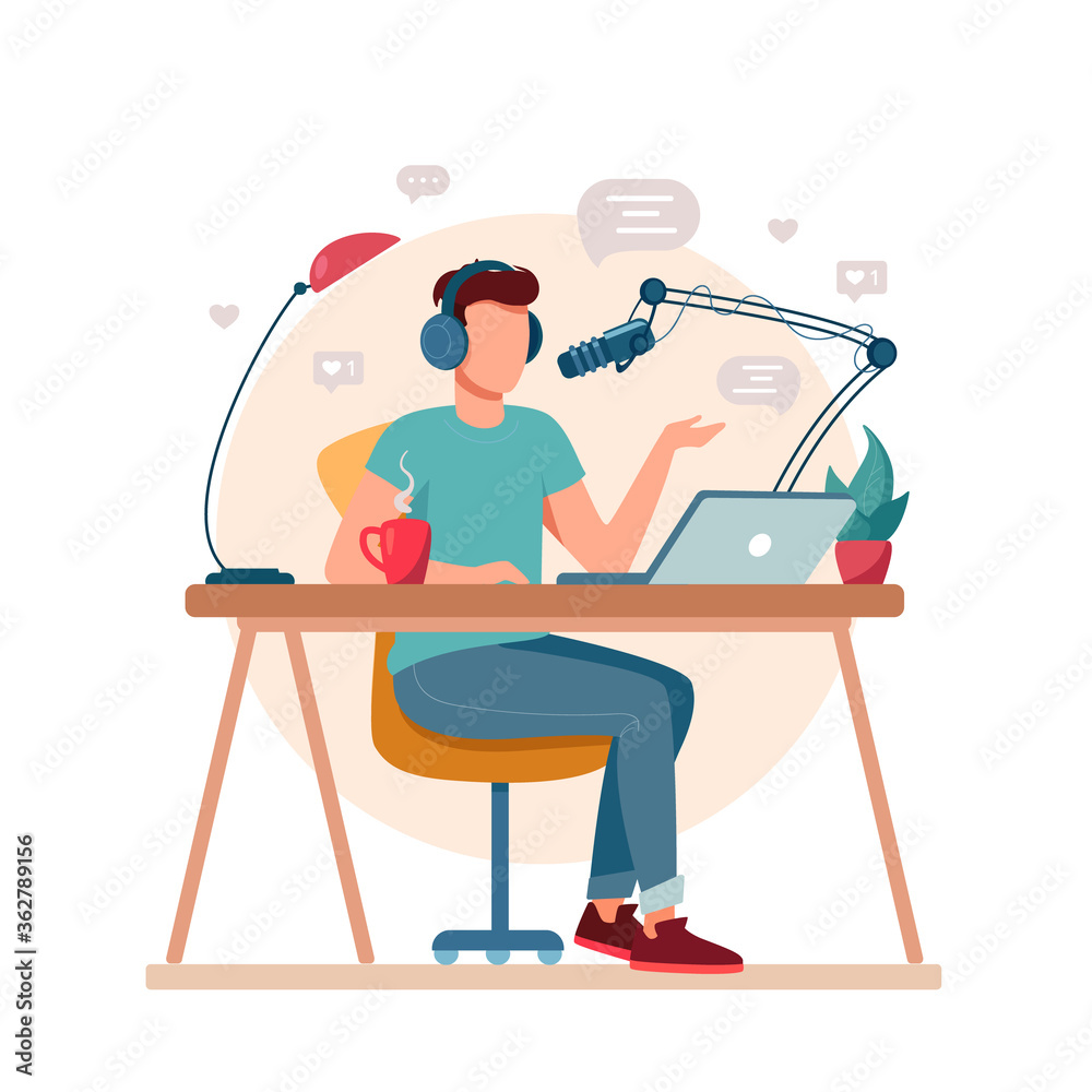 stylish podcast presenter with a microphone talking live in studio. Man is DJ on the radio, sitting at a table and recording a podcast. Concept of podcasting and broadcasting. Vector flat, isolated stylish podcast presenter with a microphone talking live in studio. Man is DJ on the radio, sitting at a table and recording a podcast. Concept of podcasting and broadcasting. Vector flat, isolated