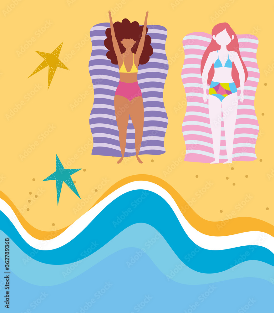 summer people activities, women resting on towels in the sand, seashore relaxing and performing leisure outdoor