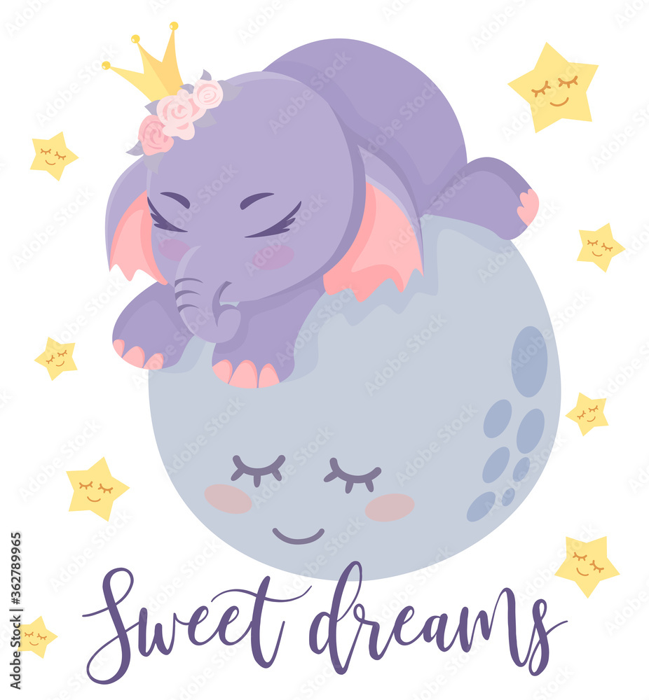 Sweet dreams. Little baby elephant sleeping on the moon. Smiling planet