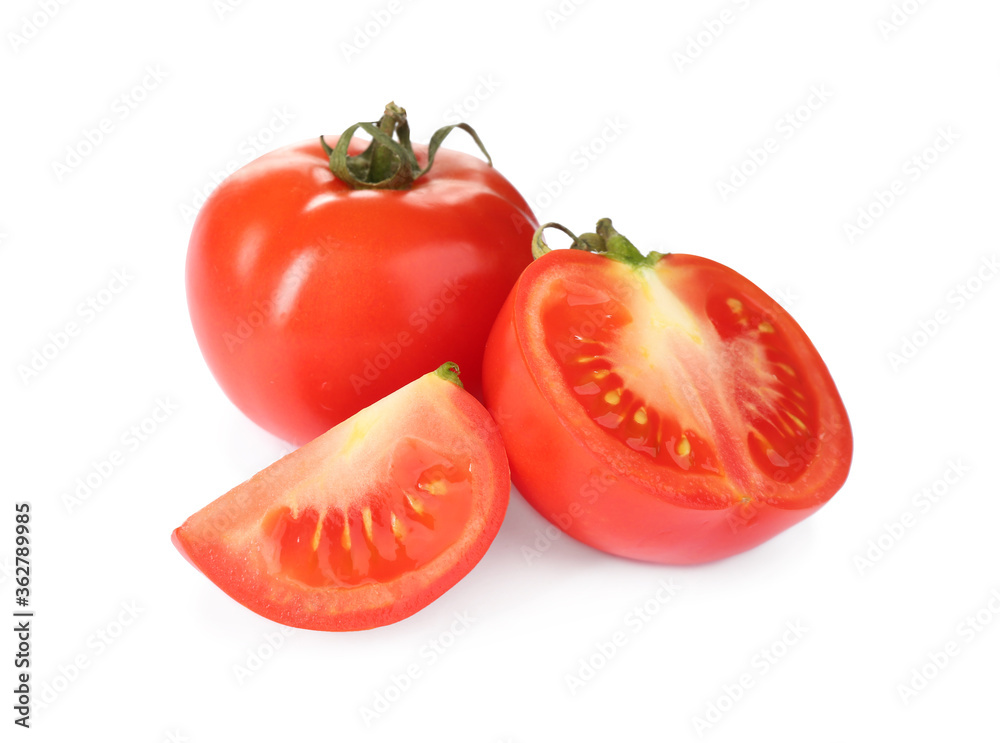 Tasty fresh raw tomatoes isolated on white Tasty fresh raw tomatoes isolated on white