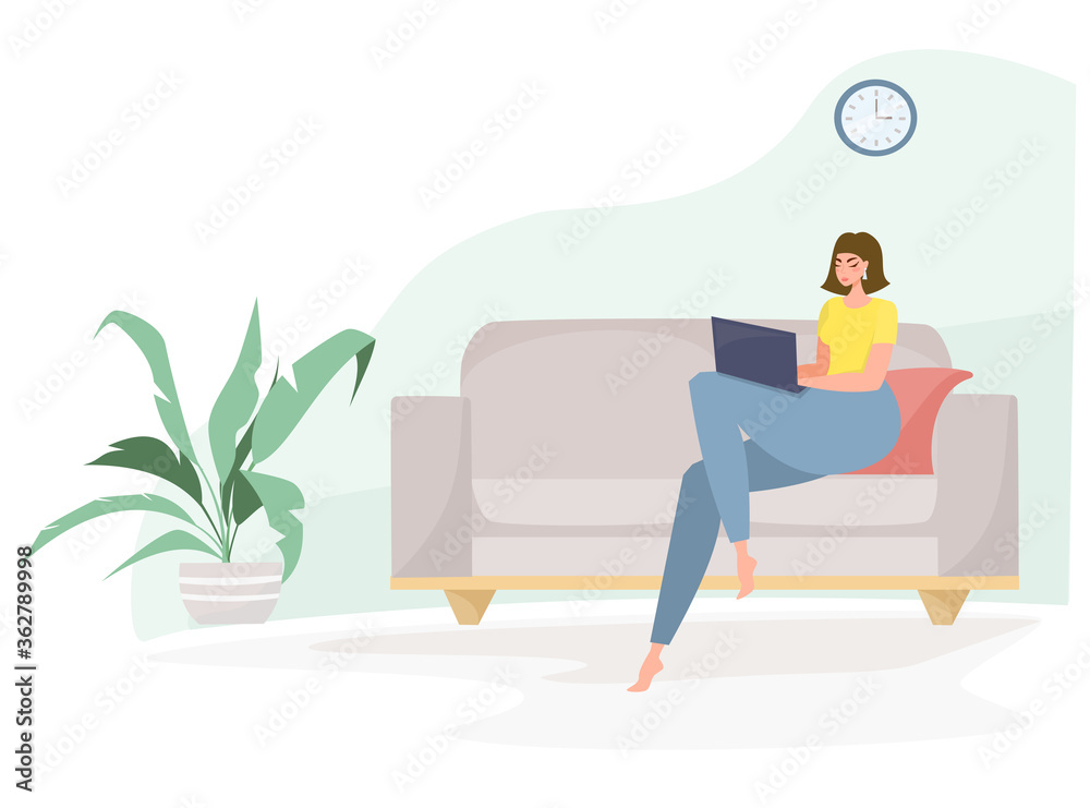 Girl works sitting at home. Remote work, freelance. Self-isolation during the coronavirus epidemic. The interior of the room. Flat vector illustration. Girl works sitting at home. Remote work, freelance. Self-isolation during the coronavirus epidemic. The interior of the room. Flat vector illustration.