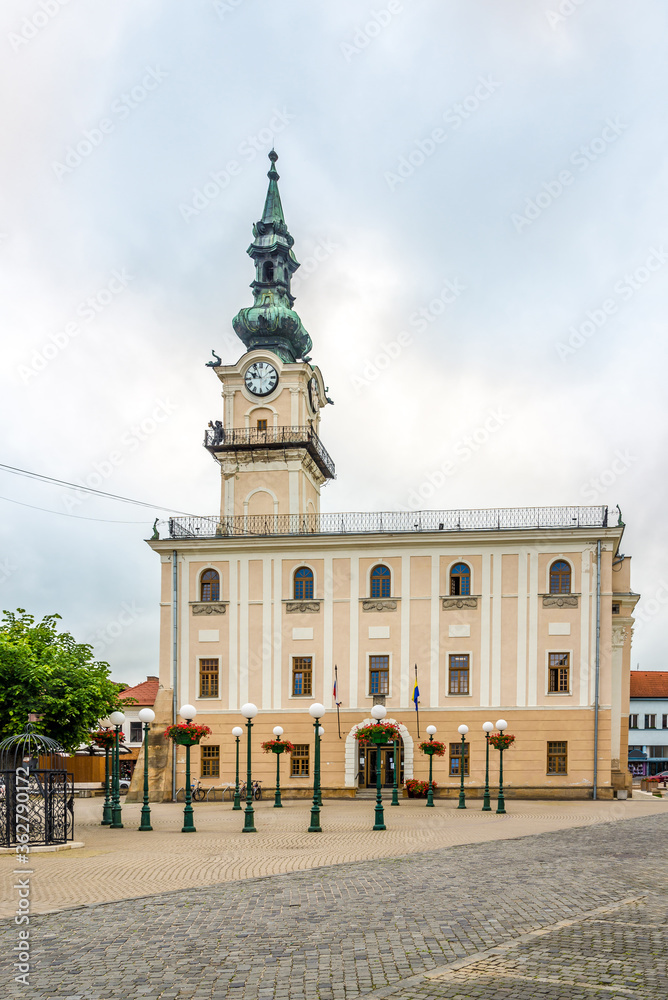 View at the Town Hall building in the streets of Kezmarok, Slovakia
