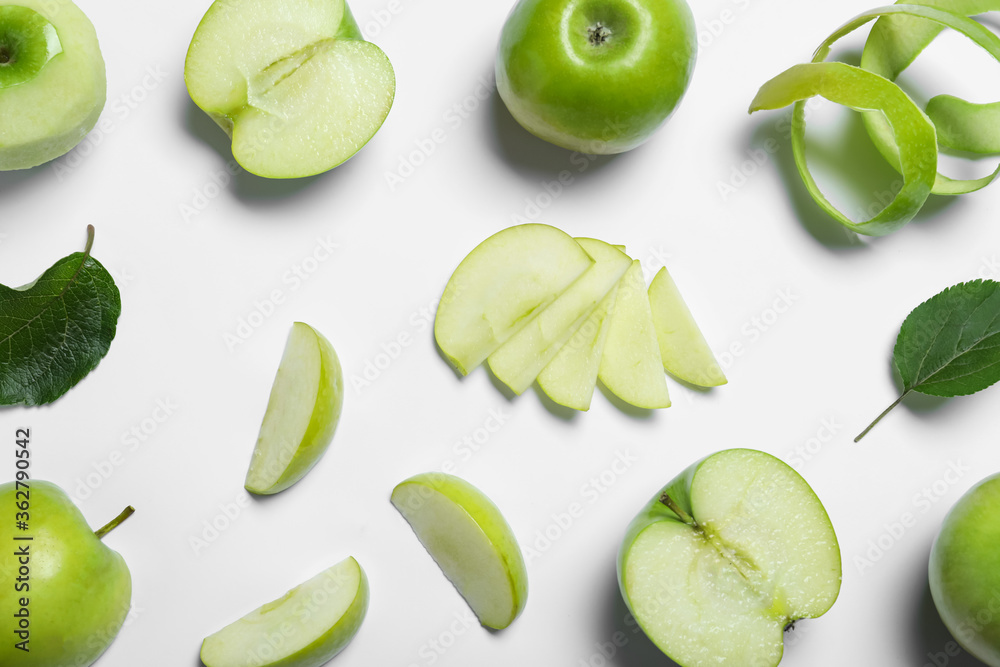 Fresh ripe green apples on white background, top view Fresh ripe green apples on white background, top view