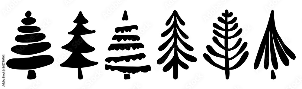 Set of hand drawn christmas trees. Holidays background. Abstract doodle drawing of a forest. Isolated on white background.Vector illustration. Set of hand drawn christmas trees. Holidays background. Abstract doodle drawing of a forest. Isolated on white background.Vector illustration.