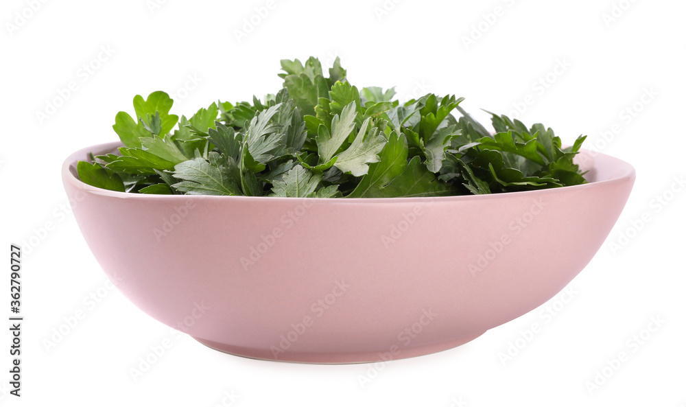 Fresh green parsley in bowl isolated on white Fresh green parsley in bowl isolated on white