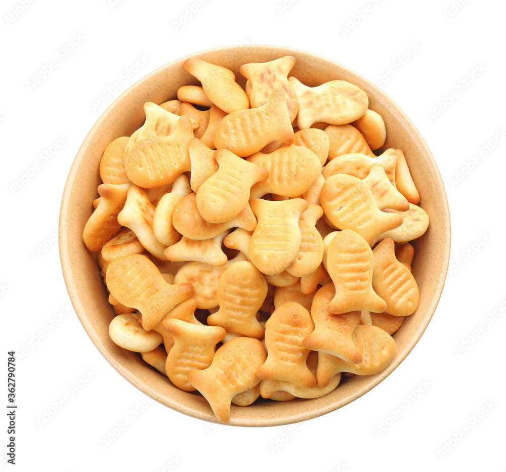 Delicious goldfish crackers in bowl isolated on white Delicious goldfish crackers in bowl isolated on white