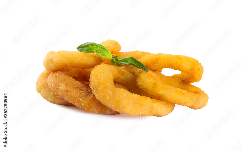 Delicious golden onion rings isolated on white Delicious golden onion rings isolated on white