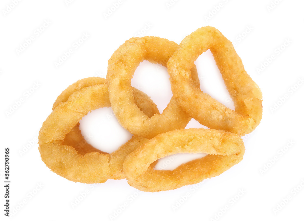 Delicious onion rings isolated on white, top view Delicious onion rings isolated on white, top view