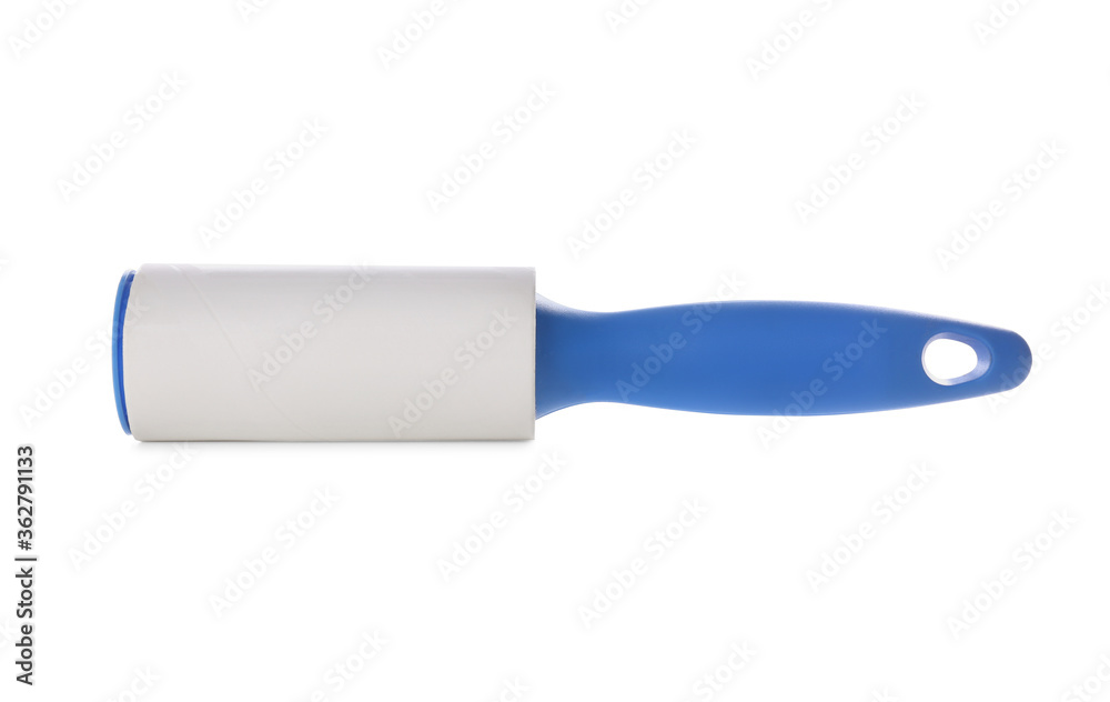New lint roller with blue handle isolated on white New lint roller with blue handle isolated on white