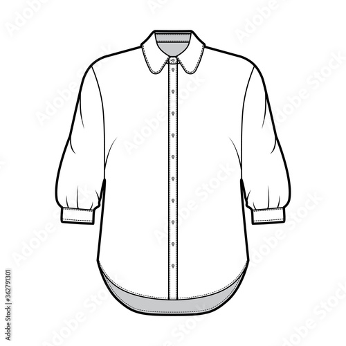 Classic shirt technical fashion illustration with button down front opening, round collar, elbow sleeves with cuff, oversized body. Flat apparel template front white color. Women men unisex CAD mockup