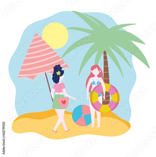summer people activities, woman and girl with ball umbrella and float, seashore relaxing and performing leisure outdoor © Stockgiu