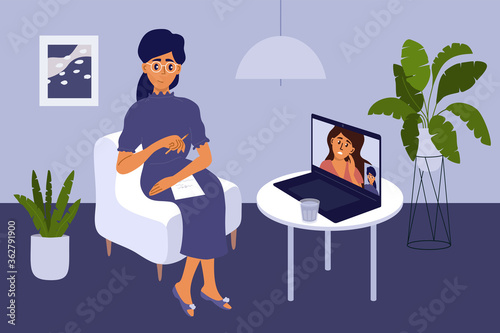 Video call with female psychologist on laptop. Psychology or psychotherapy online session or consultation. Support, medical care, help with mental problem, depressive disorders. Vector illustration.
