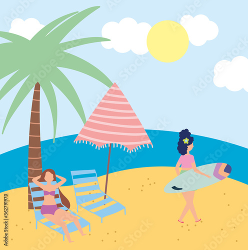 summer people activities, woman with surfboard and girl sitting on chair, seashore relaxing and performing leisure outdoor