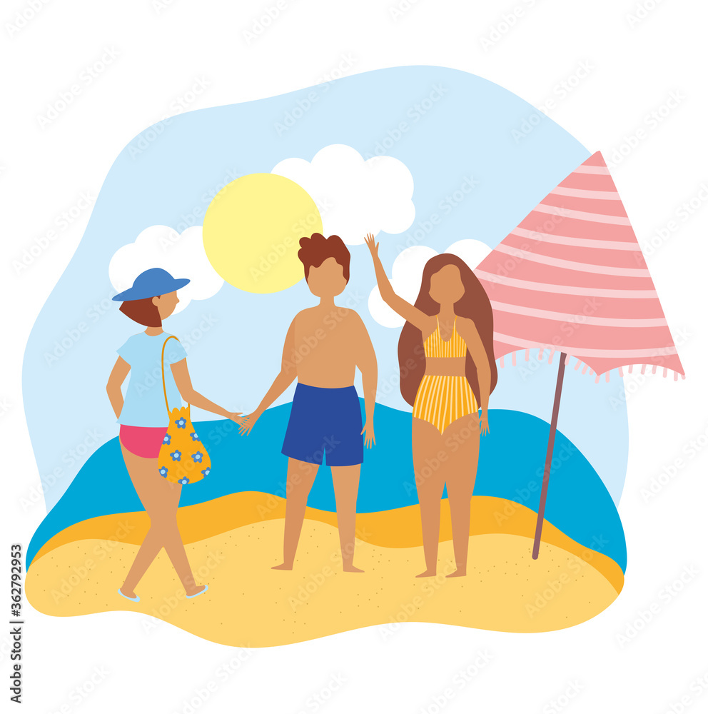 summer people activities, man and women with umbrella in the beach, seashore relaxing and performing leisure outdoor