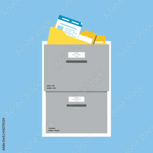Cartoon storage box, yellow folders with documents. Files search, paperwork. File manager, data storage and indexing.