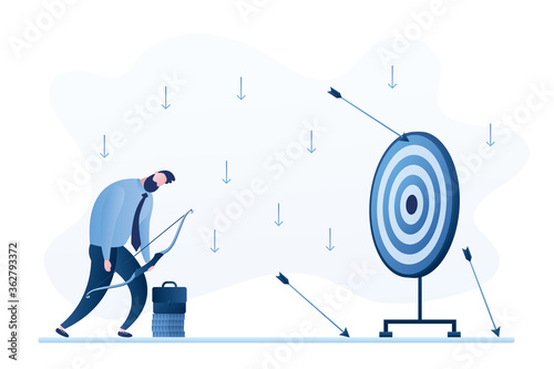 Businessman loser with archery. Not hit target, arrows around. Sad male character aiming target with bow and arrows.