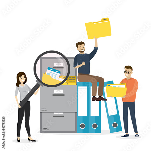 Group of office clerks or employees searching file. File binders, yellow folders with documents. File manager, data storage and indexing