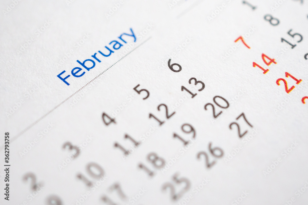 February calendar page with months and dates business planning appointment meeting concept February calendar page with months and dates business planning appointment meeting concept