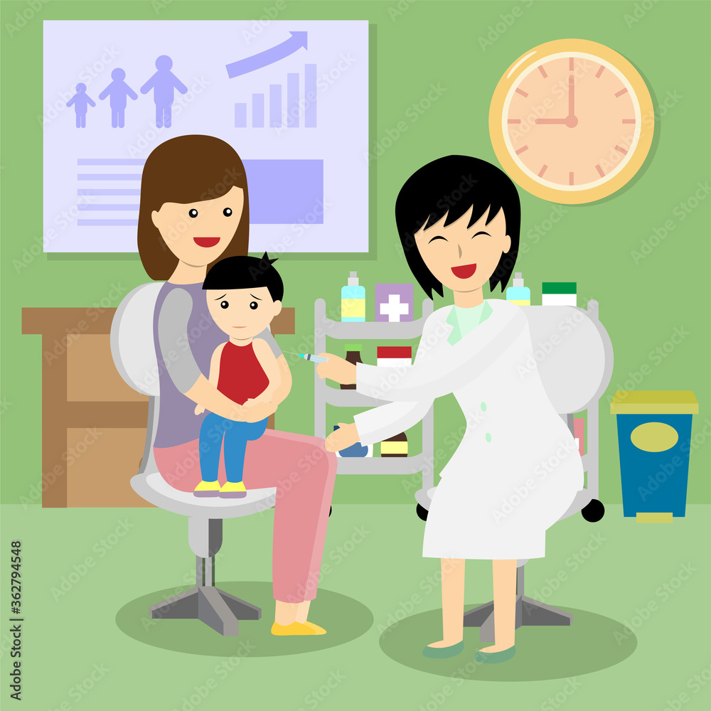 Mother hoding her son who getting injection from doctor vector Mother hoding her son who getting injection from doctor vector