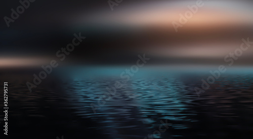 Light neon effect, energy waves on a dark abstract background. Laser colorful neon show. Reflection of light in the water. Dark sky, ocean. Smoke, fog. 3d illustration
