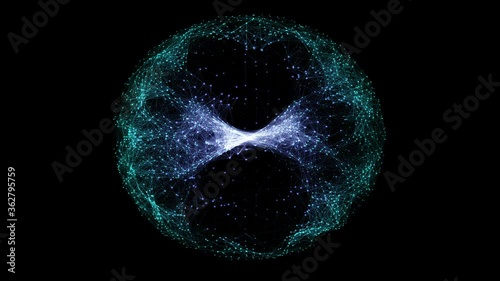 Glowing Neural Network Sphere, Visualization of AI, Artificial Intelligence web, futuristic computing power, circular network of purple and blue dots and lines moving in an energy vortex in space, 4K.