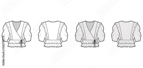  Ruffled wrap blouse technical fashion illustration with peplum hem, elbow volume sleeves. Flat apparel shirt template front, back, white and grey color. Women, men and unisex mockup CAD for designer