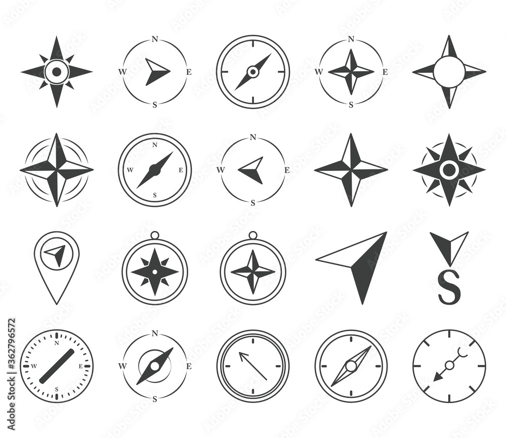 compass rose navigation cartography travel explore equipment icons set