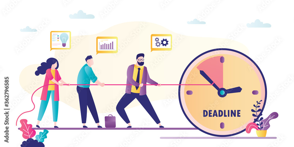 Business people stop time using rope. Big watch, deadline concept. Employees fail and don’t finish project. Teamwork, business problems. Business people stop time using rope. Big watch, deadline concept. Employees fail and don’t finish project. Teamwork, business problems.