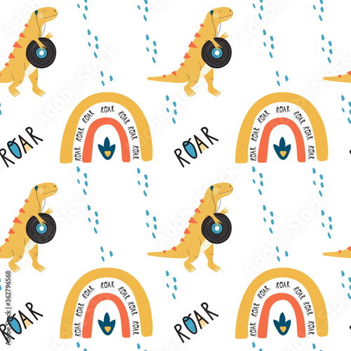Seamless pattern of dinosaur pterodactyl and rainbow. Colorful seamless texture for kids. Swatch of cartoon background. Stock vector illustration on white background.